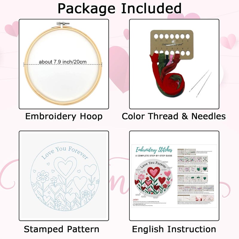 Nuberlic Valentine Embroidery Kit for Beginners - Heart Floral Design Adults Starter Cross Stitch Kit DIY Needlepoint with Hoop, Pre-Printed Fabric, Threads & Step-by-Step Guide - Image 5